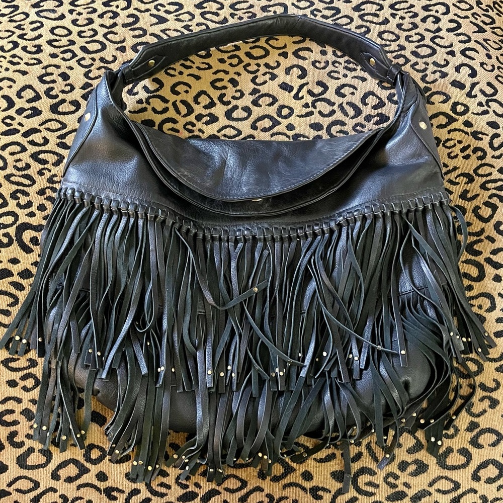 orYANY Black Leather Hobo Bag with Fringe
